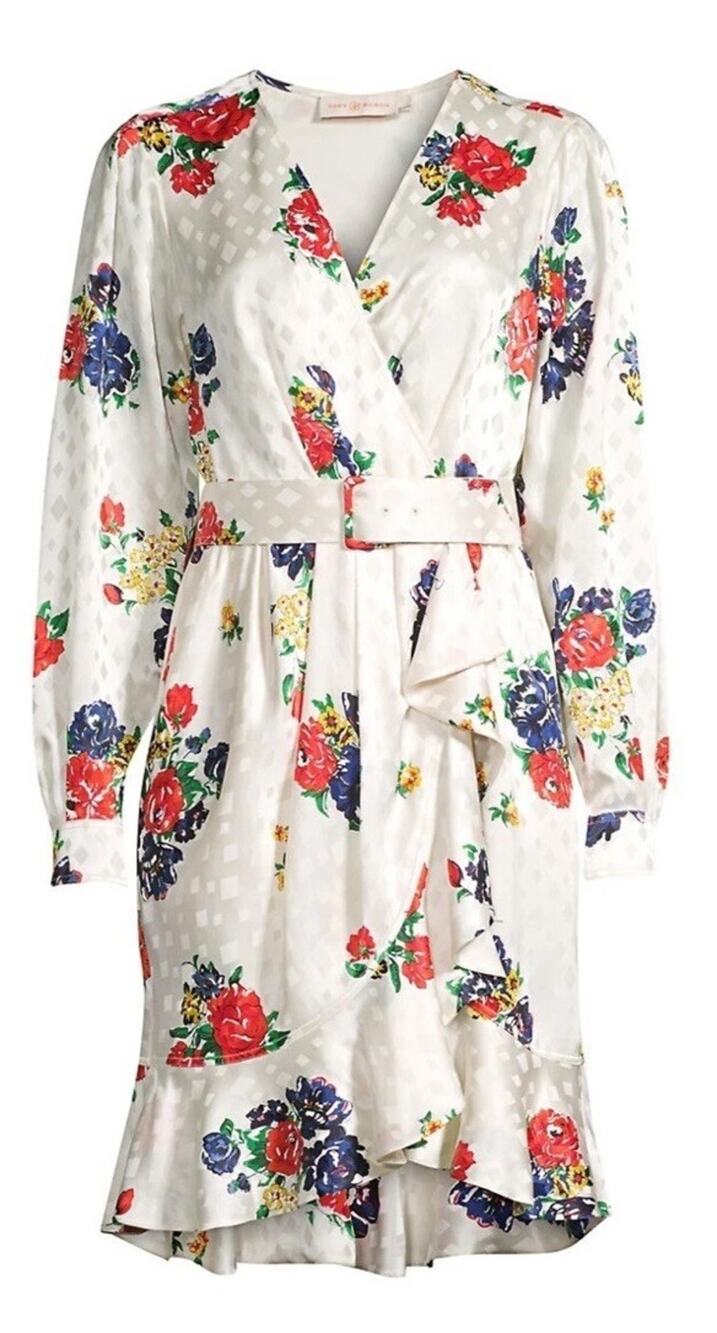 Tory Burch Printed Silk Wrap Dress Ivory Tea Rose Size 8 Floral Luxury Ruffle